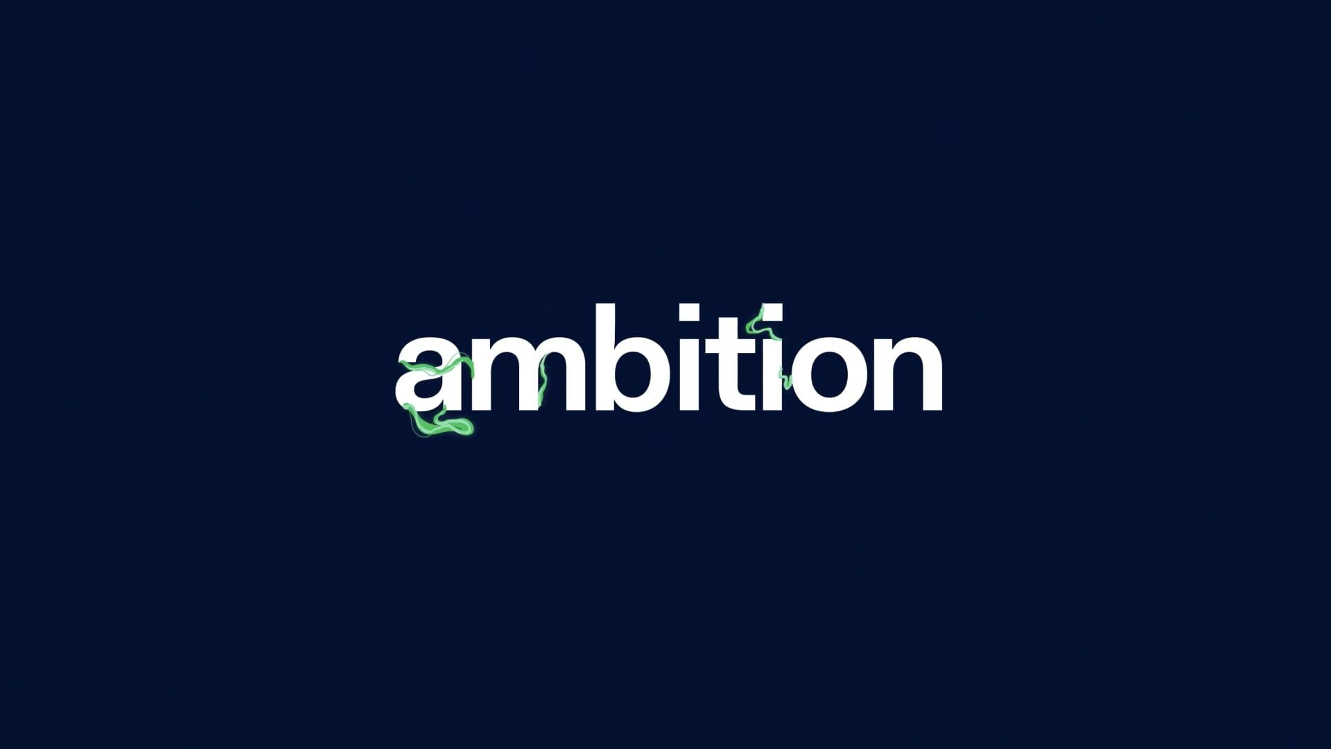 The word 'ambition' with a stylized 'i' in white text on a dark blue background.