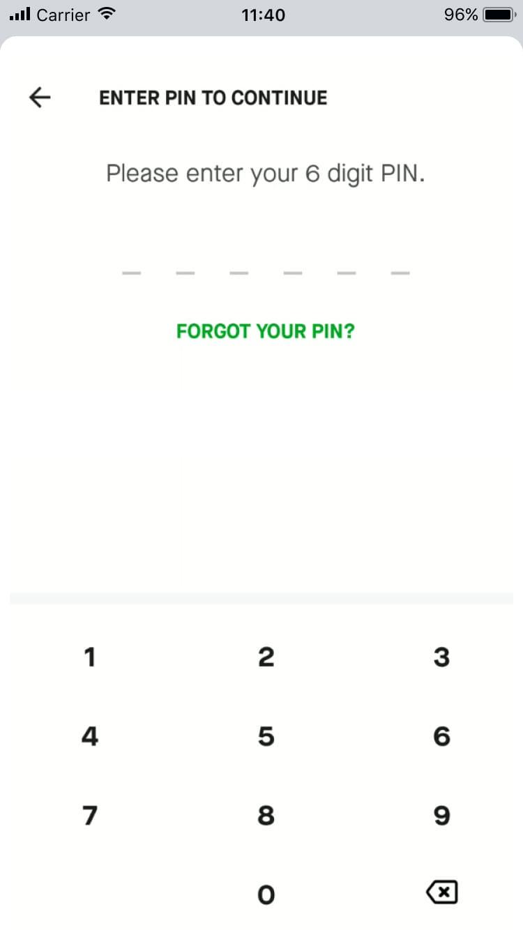 Mobile screen displaying a PIN entry interface with a numeric keypad.