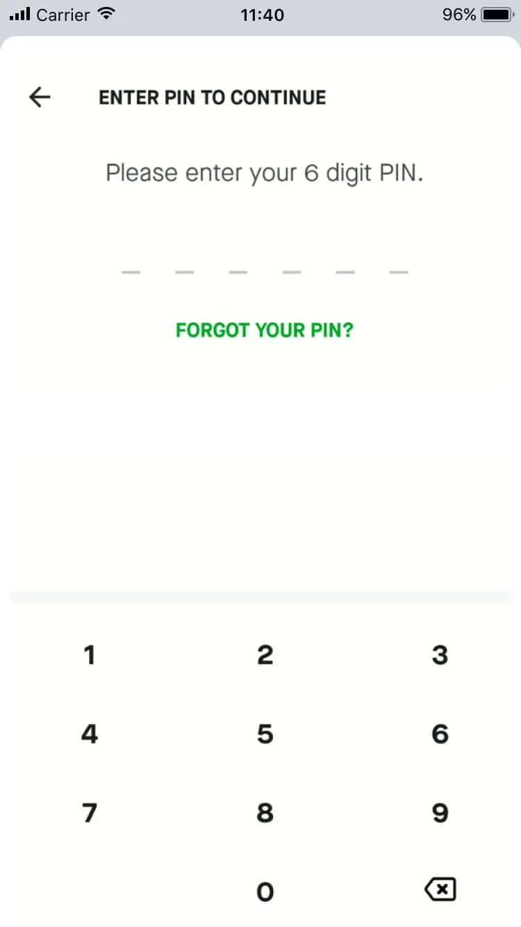 Mobile screen displaying a PIN entry interface with a numeric keypad.
