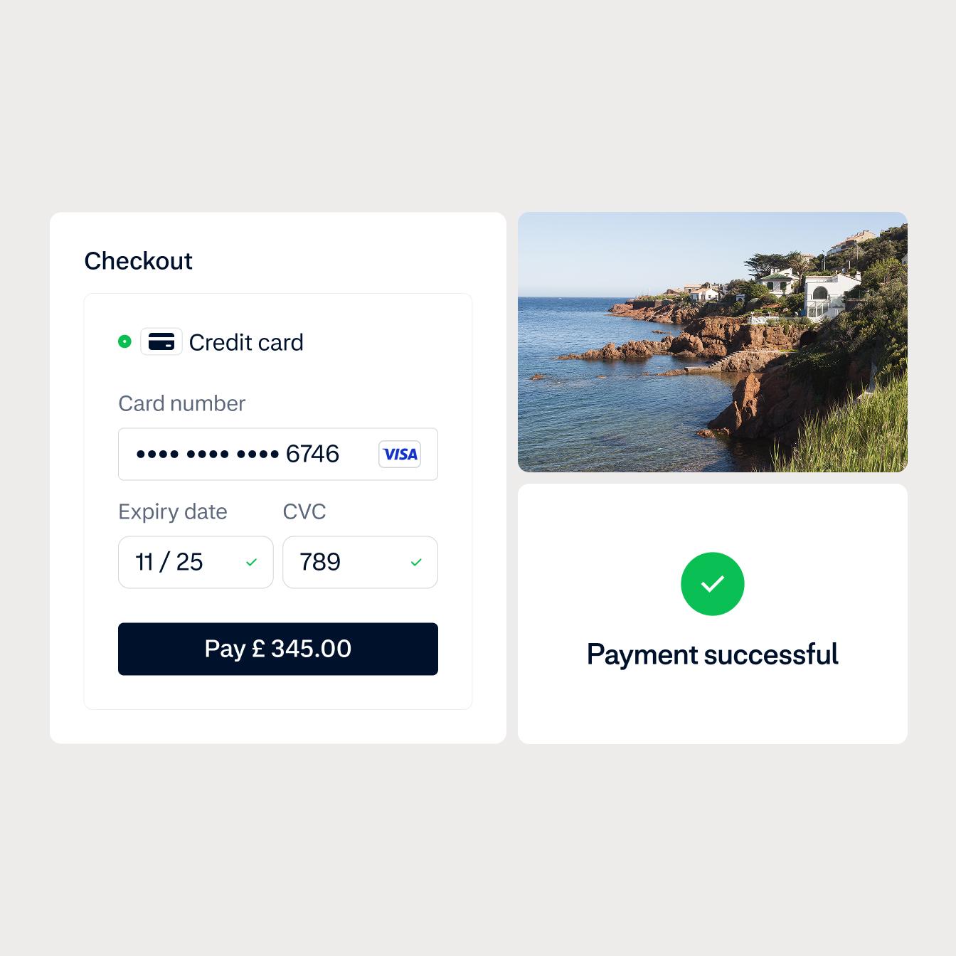 UI screen with a Checkout and succesful payment for Index Hospitality