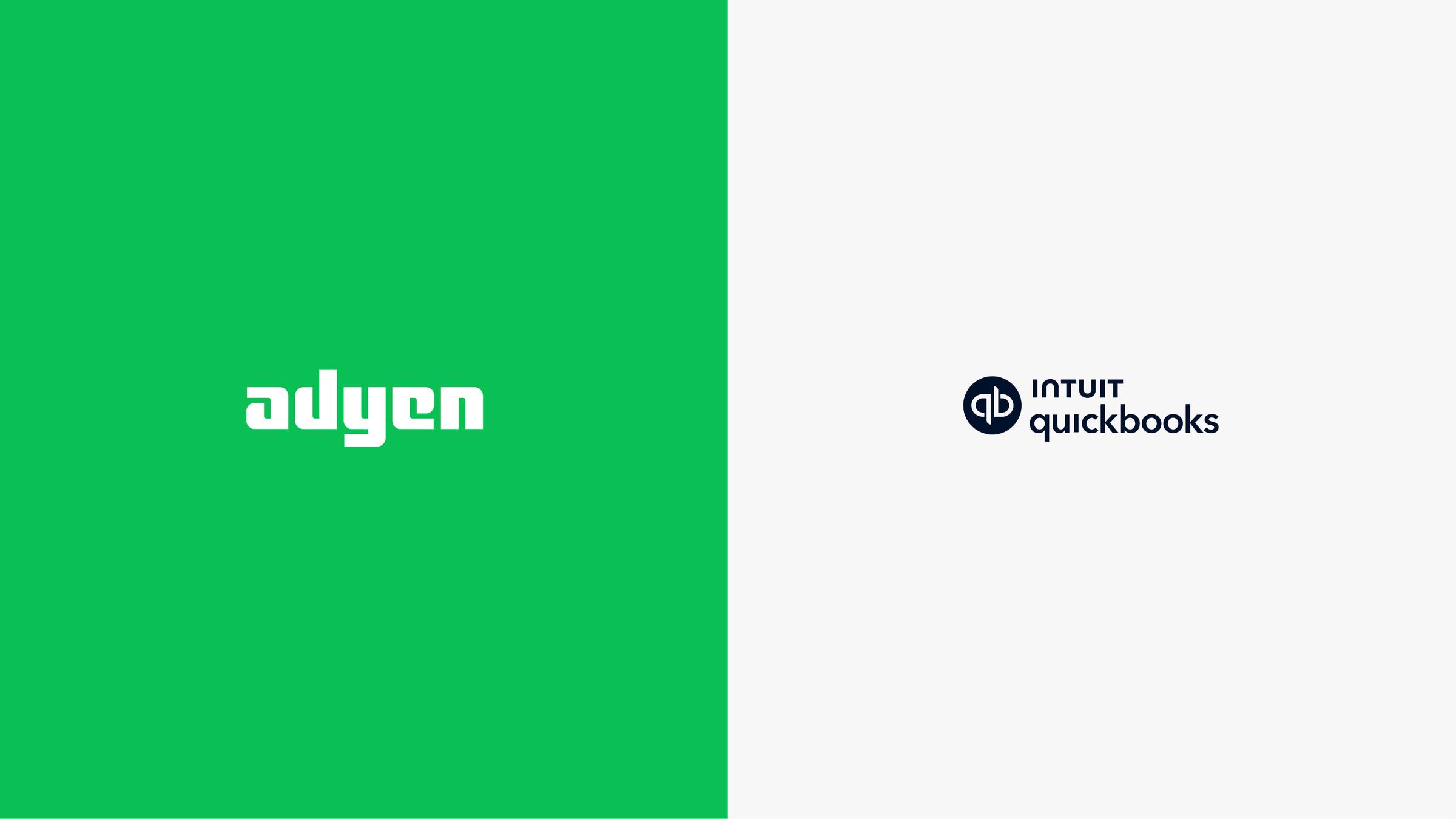 Adyen and Intuit quickbooks logos side by side on a split background.