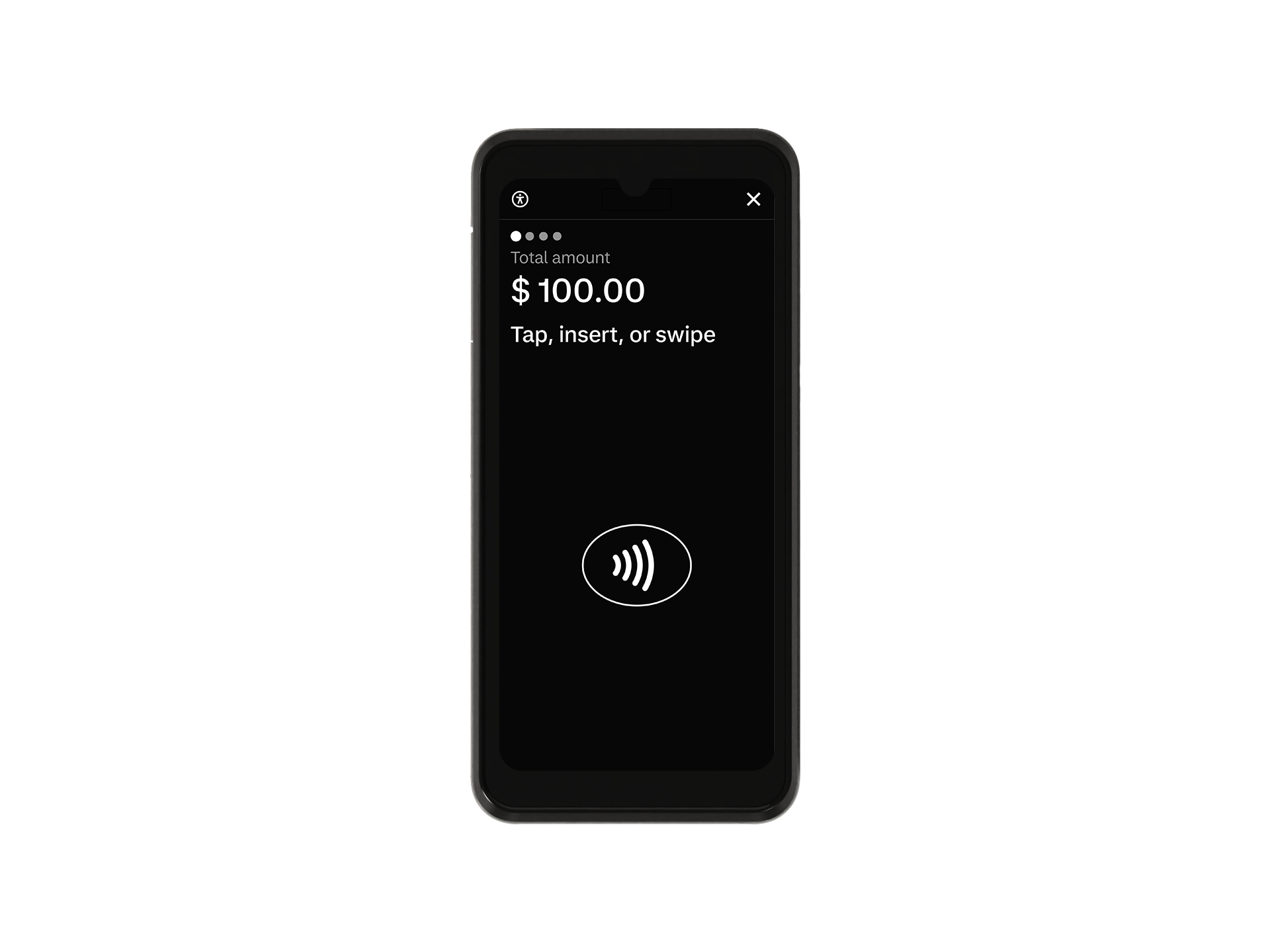Mobile payment device displaying a contactless payment of 100 dollars provided by Adyen