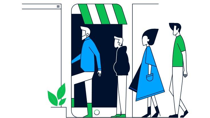 Ilustración estilizada de personas entrando y saliendo de un gran teléfono inteligente con una interfaz de tienda.