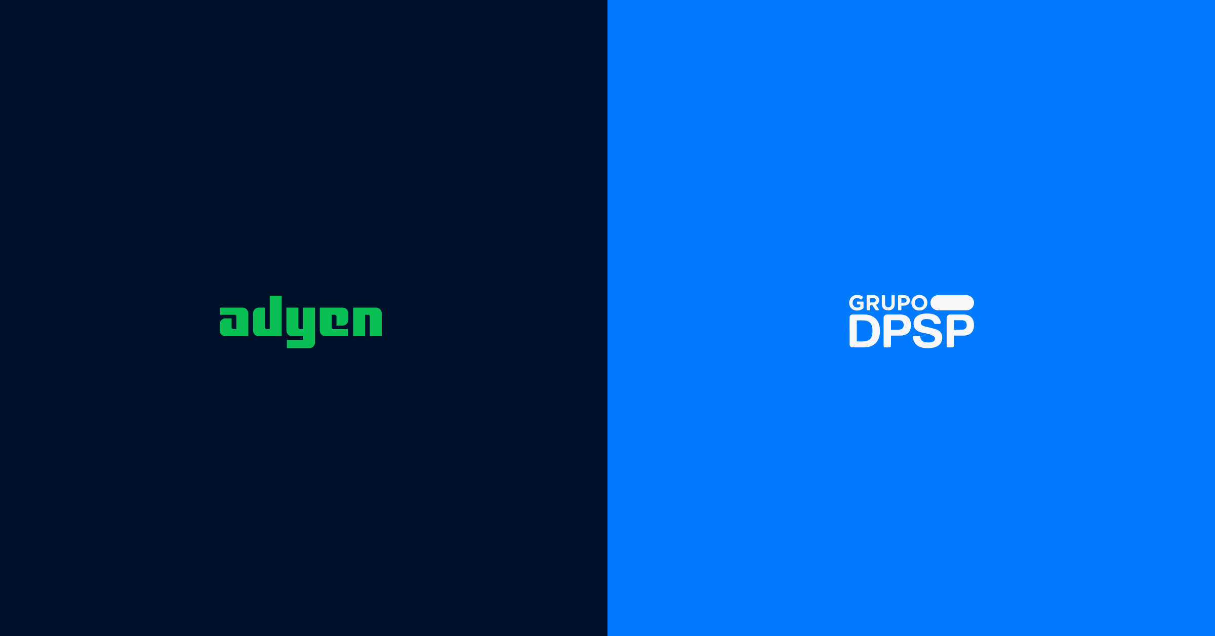 Tela dividida com o logotipo da Adyen à esquerda e o logotipo do Grupo DPSP à direita.