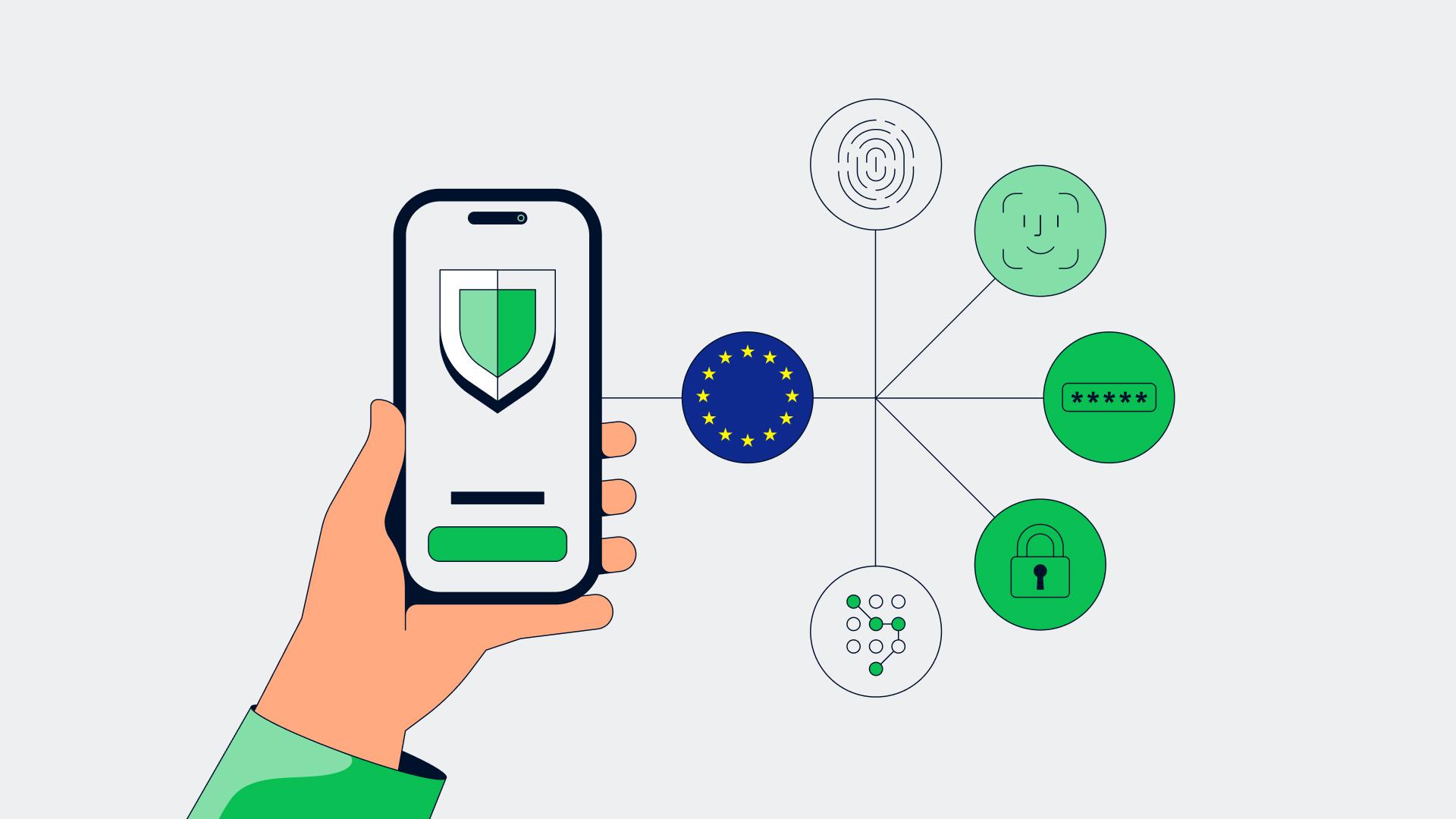 Hand houdt een smartphone vast met beveiligingsfuncties verbonden met verschillende pictogrammen die gegevensbescherming vertegenwoordigen.