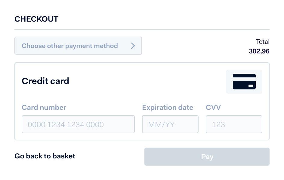 Checkout interface with credit card payment option and fields for card number, expiry date, and CVV.