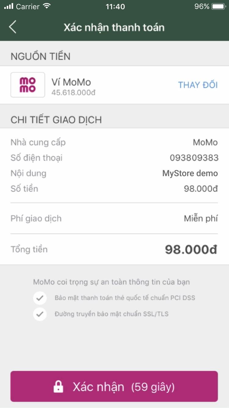 Mobile payment confirmation screen in Vietnamese with transaction details and confirm button.