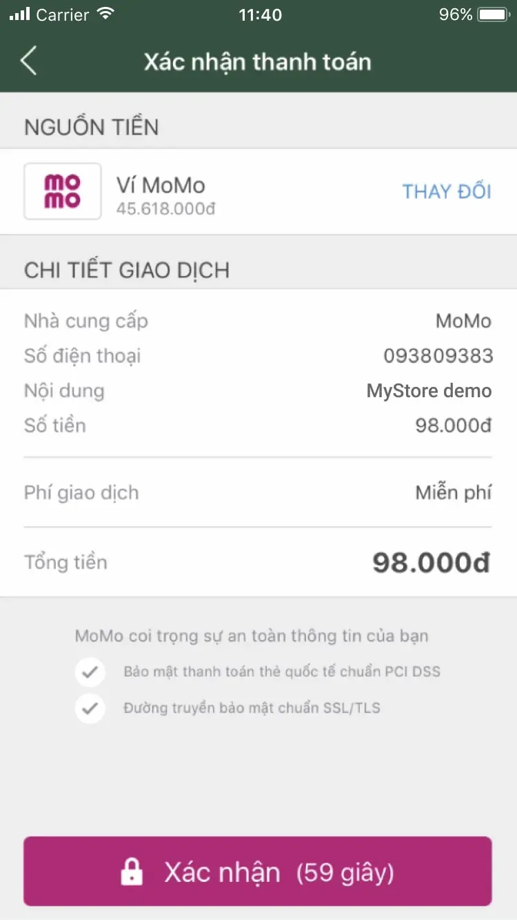 Mobile payment confirmation screen in Vietnamese with transaction details and confirm button.