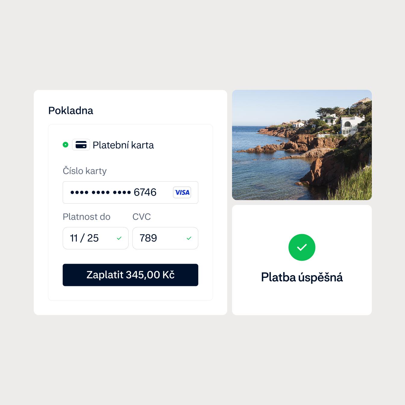 UI screen with a Checkout and succesful payment for Index Hospitality