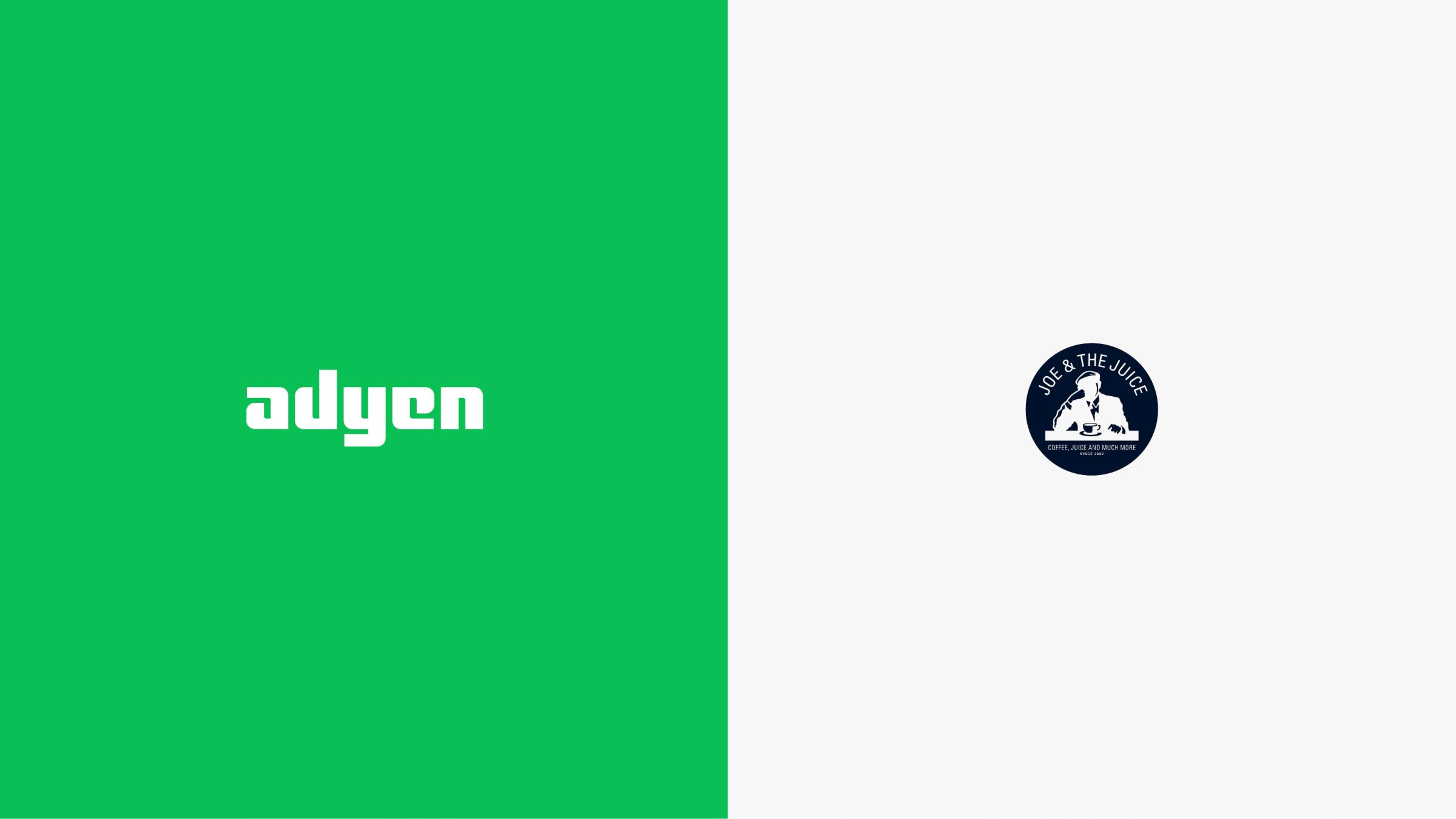 Adyen and joe and the juice logo on a splitscreen