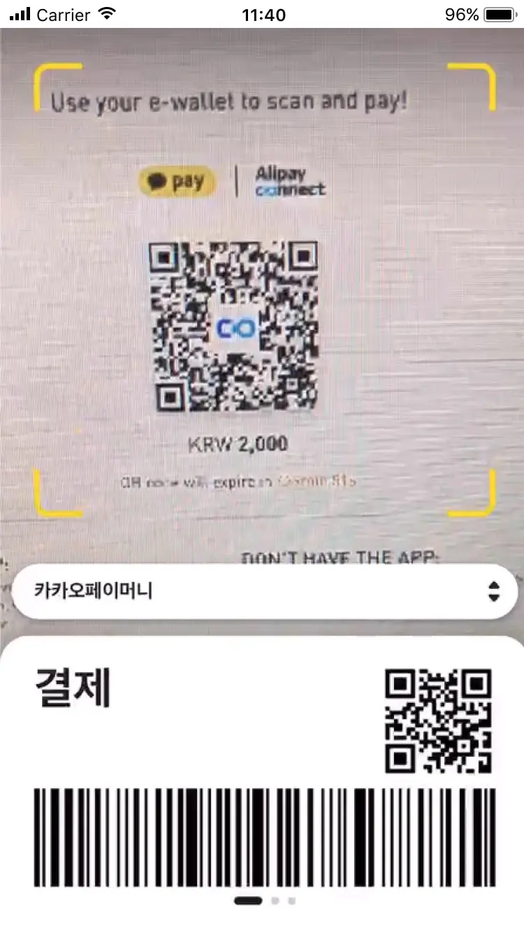 Mobile screen showing a QR code for payment with e-wallet apps like Pay and Alipay Connect.