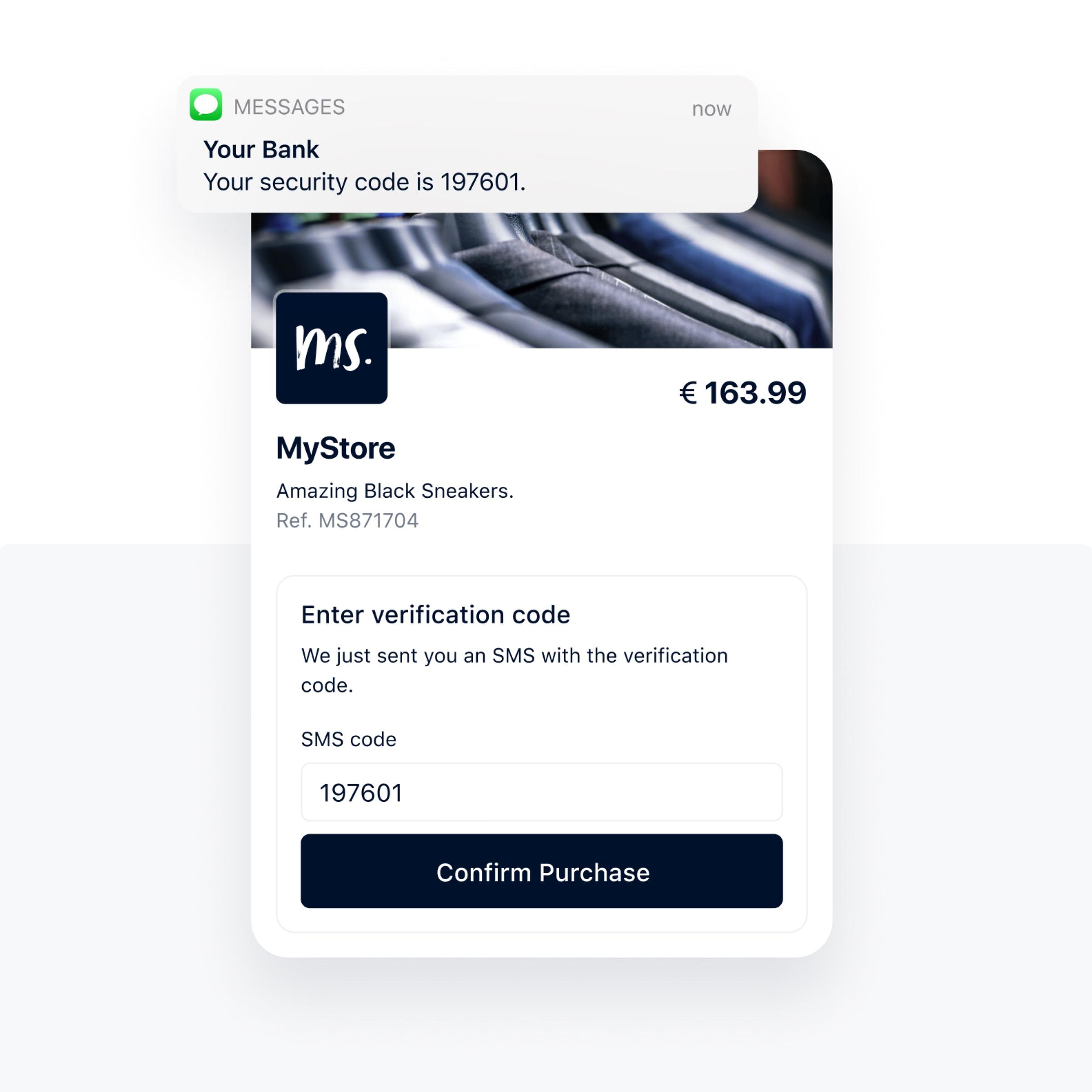 Smartphone-Bildschirm zeigt eine Transaktionsverifizierungsbenachrichtigung für den Kauf von schwarzen Sneakern