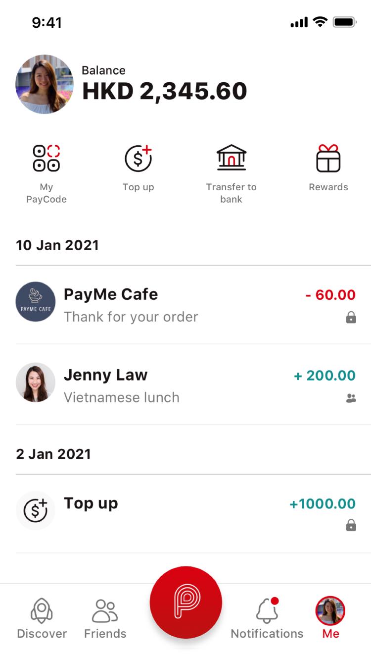 Mobile payment app interface showing balance, transaction history with contacts, and navigation icons.