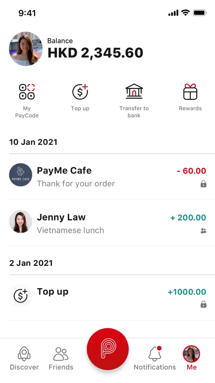 Mobile payment app interface showing balance, transaction history with contacts, and navigation icons.