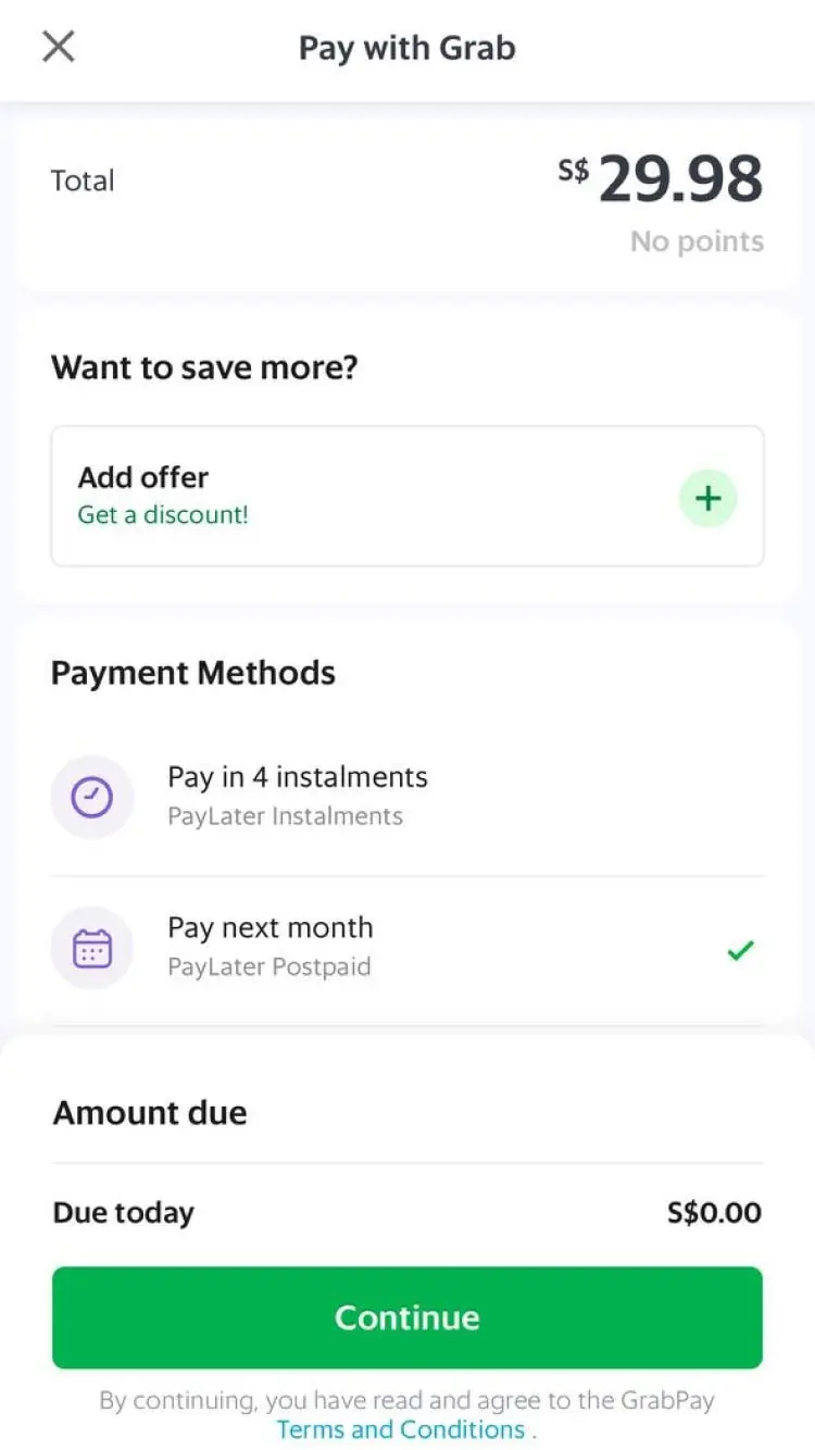Checkout screen with payment options including PayLater Installments and Postpaid on a mobile app.