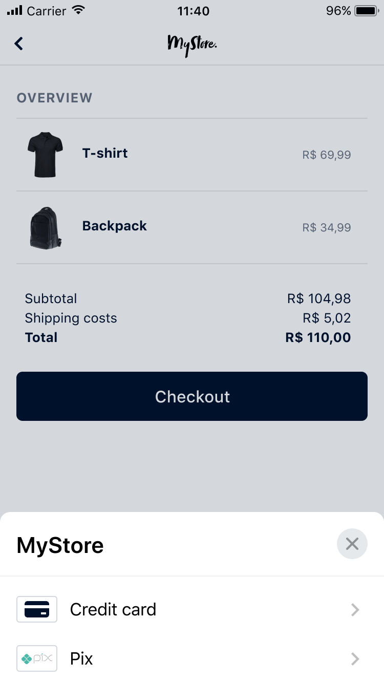 Mobile shopping cart screen with a total of R$ 110,00 including a T-shirt, backpack, subtotal, shipping costs, and checkout options.