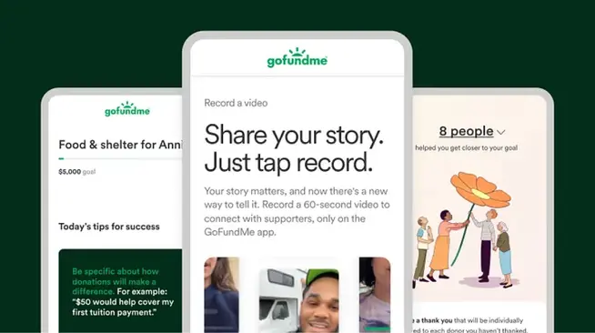 3 screens from GoFundMe mobile app