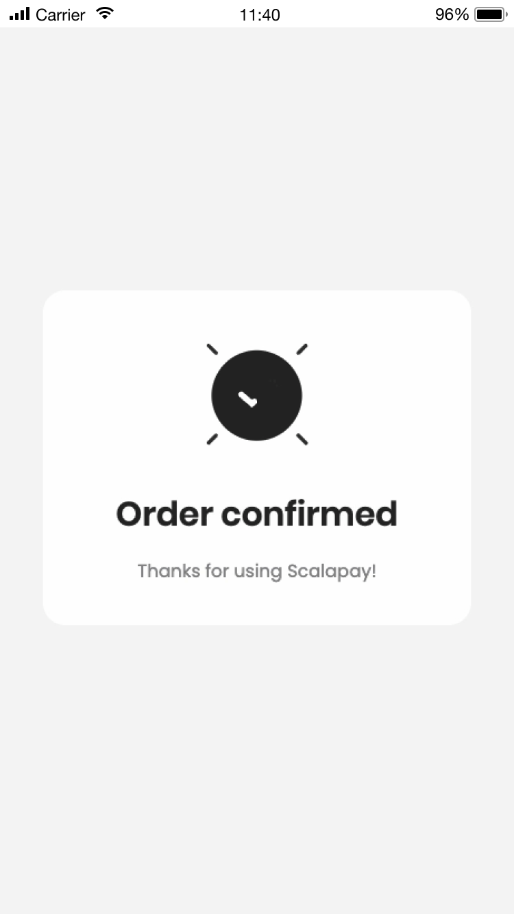 Mobile UI screen showing the Scalapay app in the order confirmed page