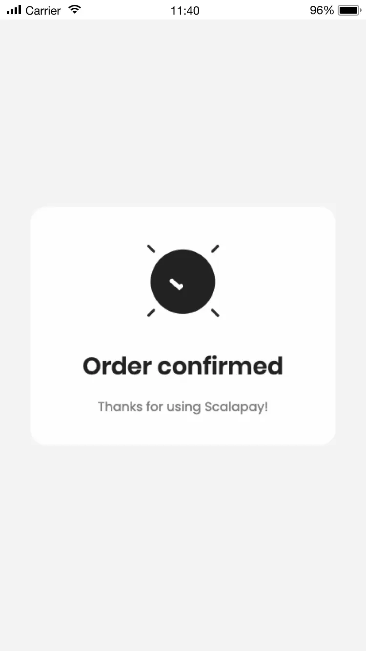 Mobile UI screen showing the Scalapay app in the order confirmed page