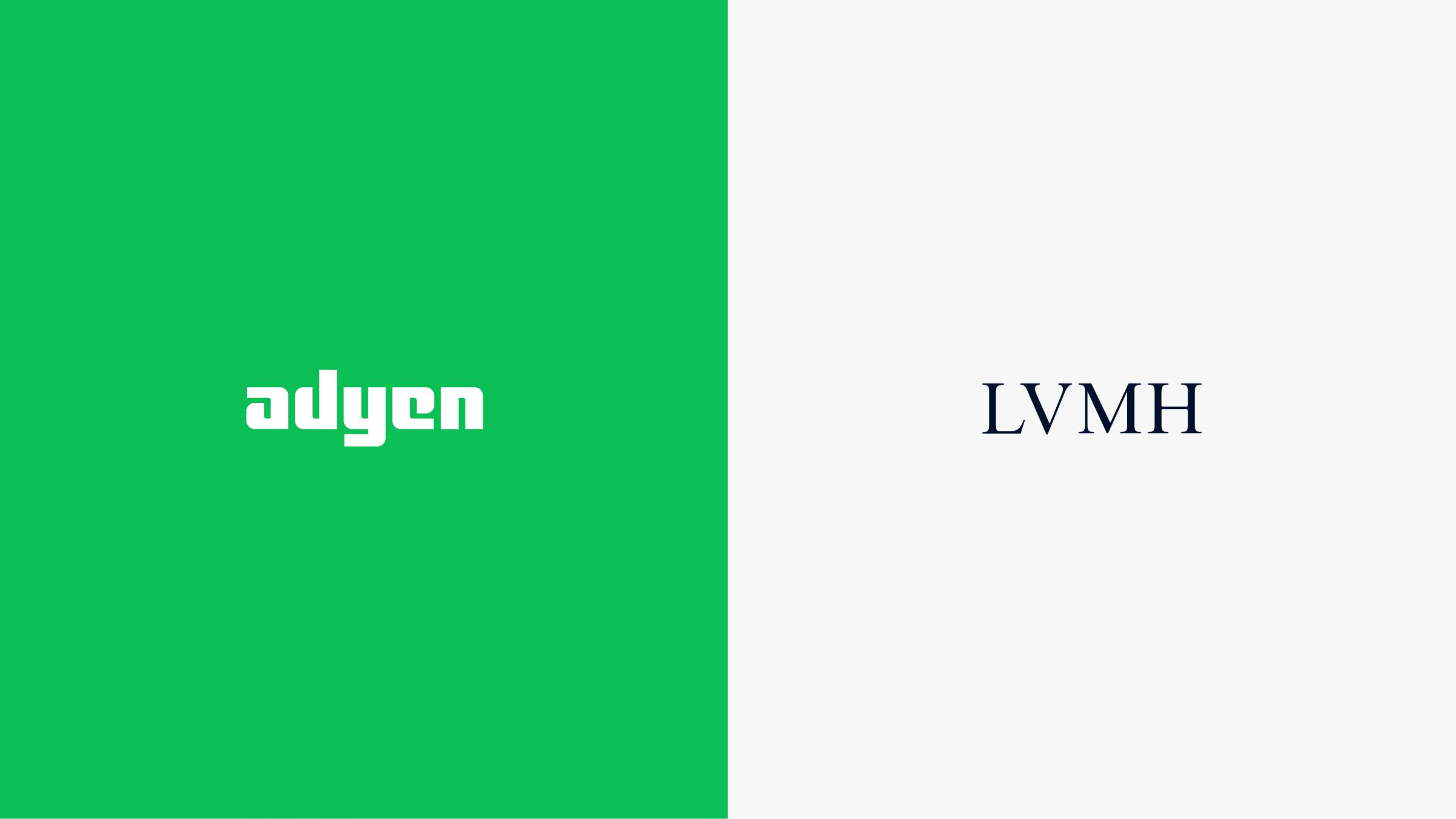 Two Adyen logos on a split background, green on the left, white on the right