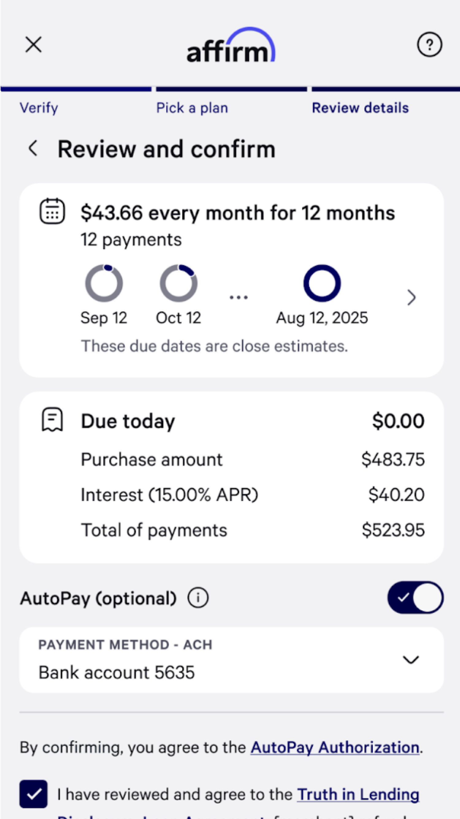 Billing information and payment method selection screen with options for credit card and PayPal.