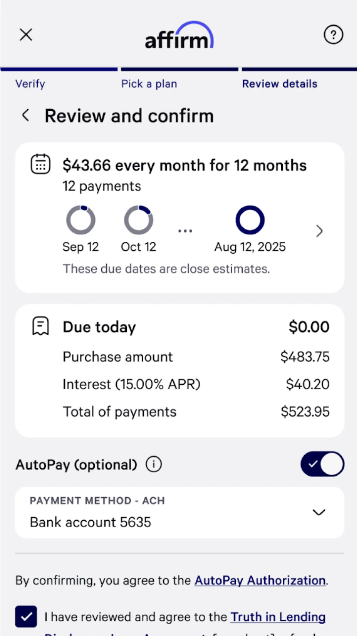 Billing information and payment method selection screen with options for credit card and PayPal.