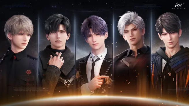 Digital artwork featuring five stylized characters against a cosmic background.
