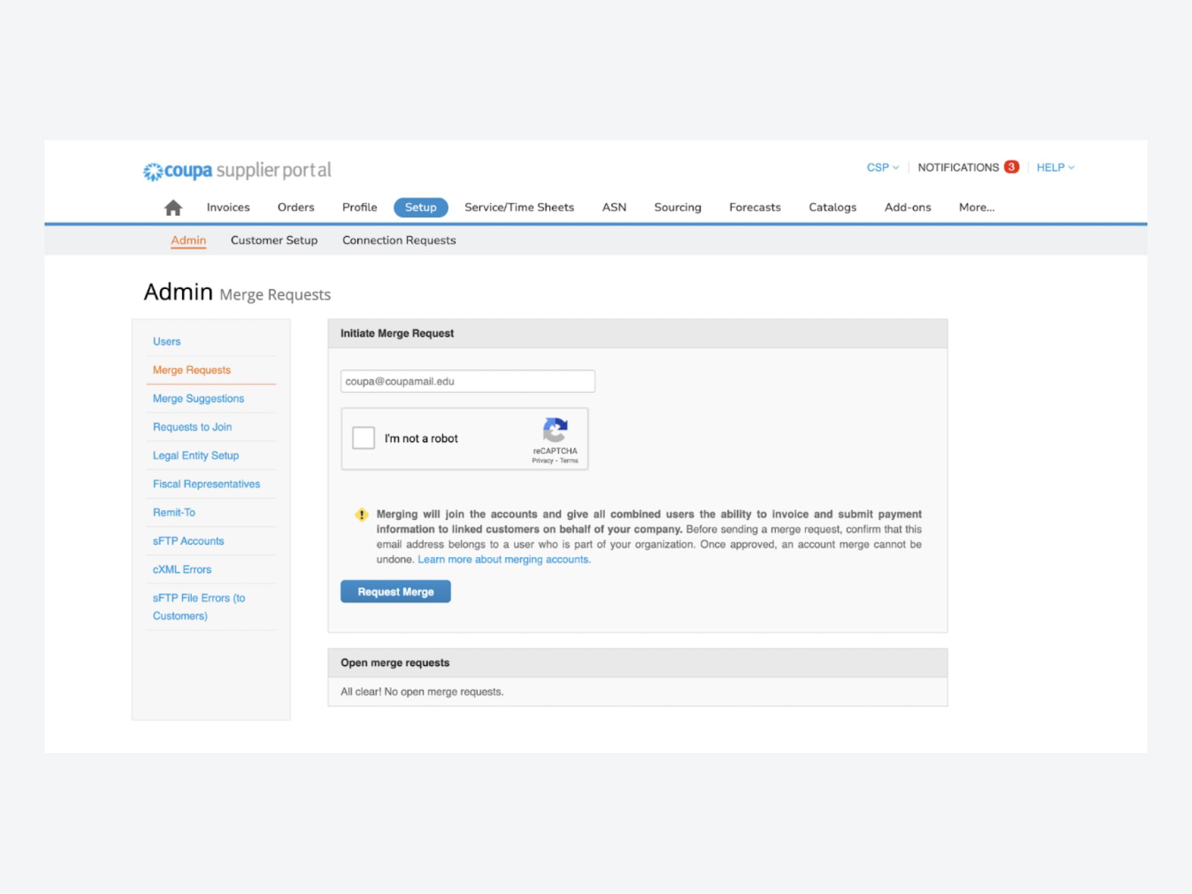 Screenshot of UI interface of vendor supplier portal Coupa