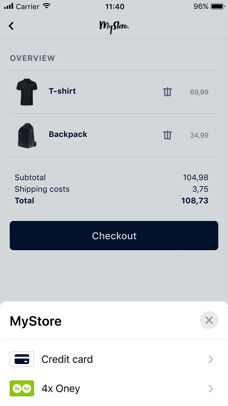 Mobile shopping cart with T-shirt and backpack listed and checkout options displaying Adyen payment methods.