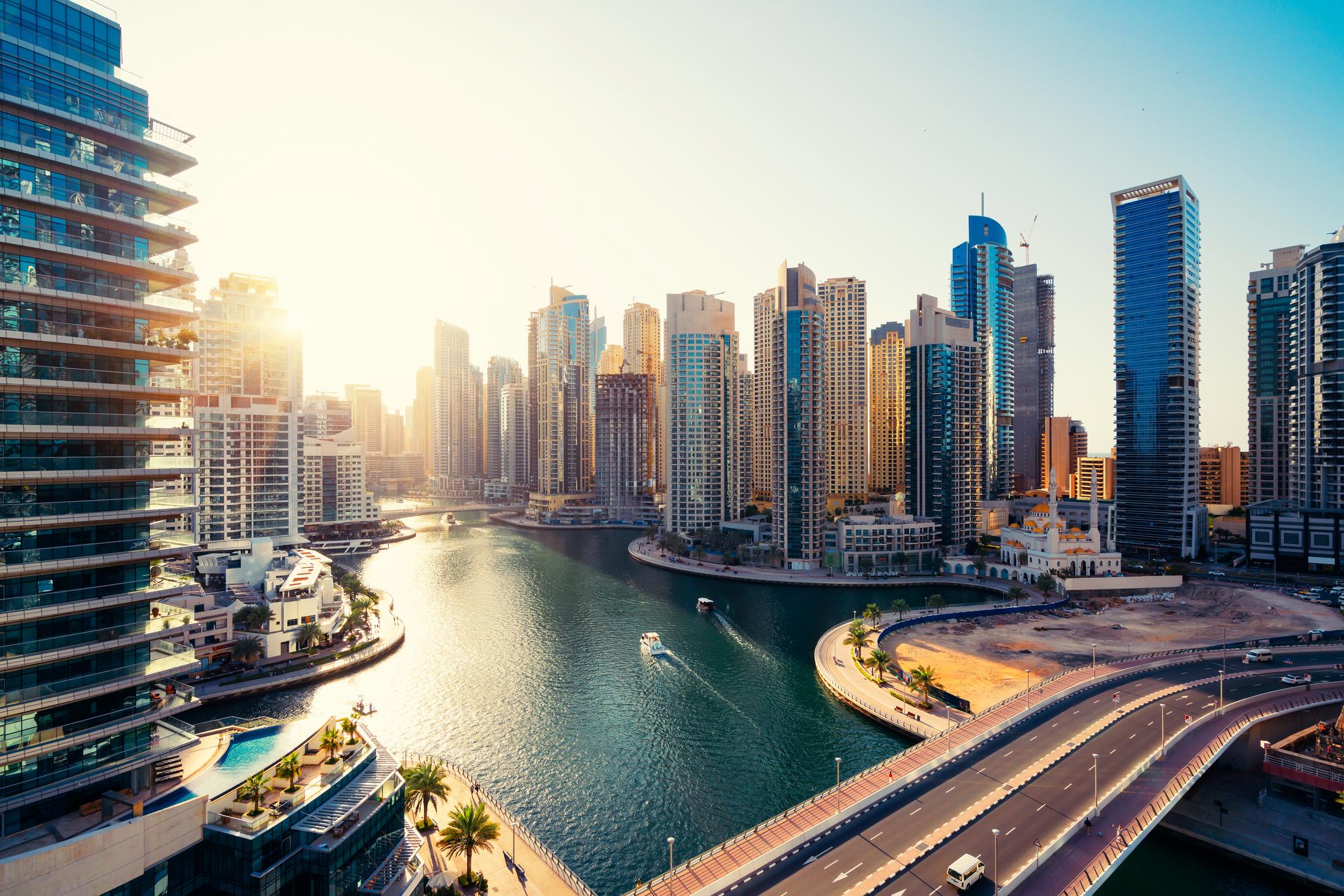 dubai skyline surrounded by water