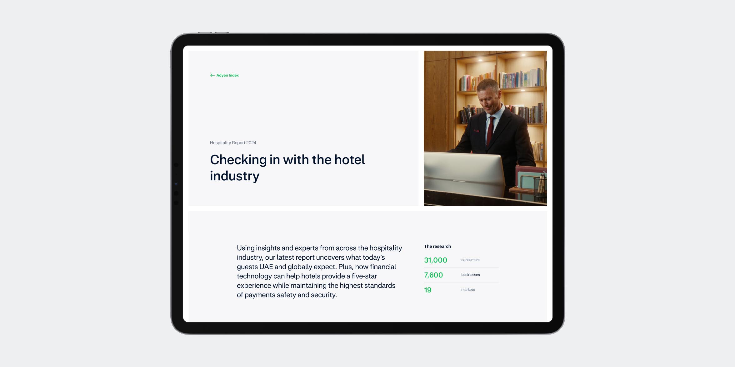 screen with introduction of hospitality report landing