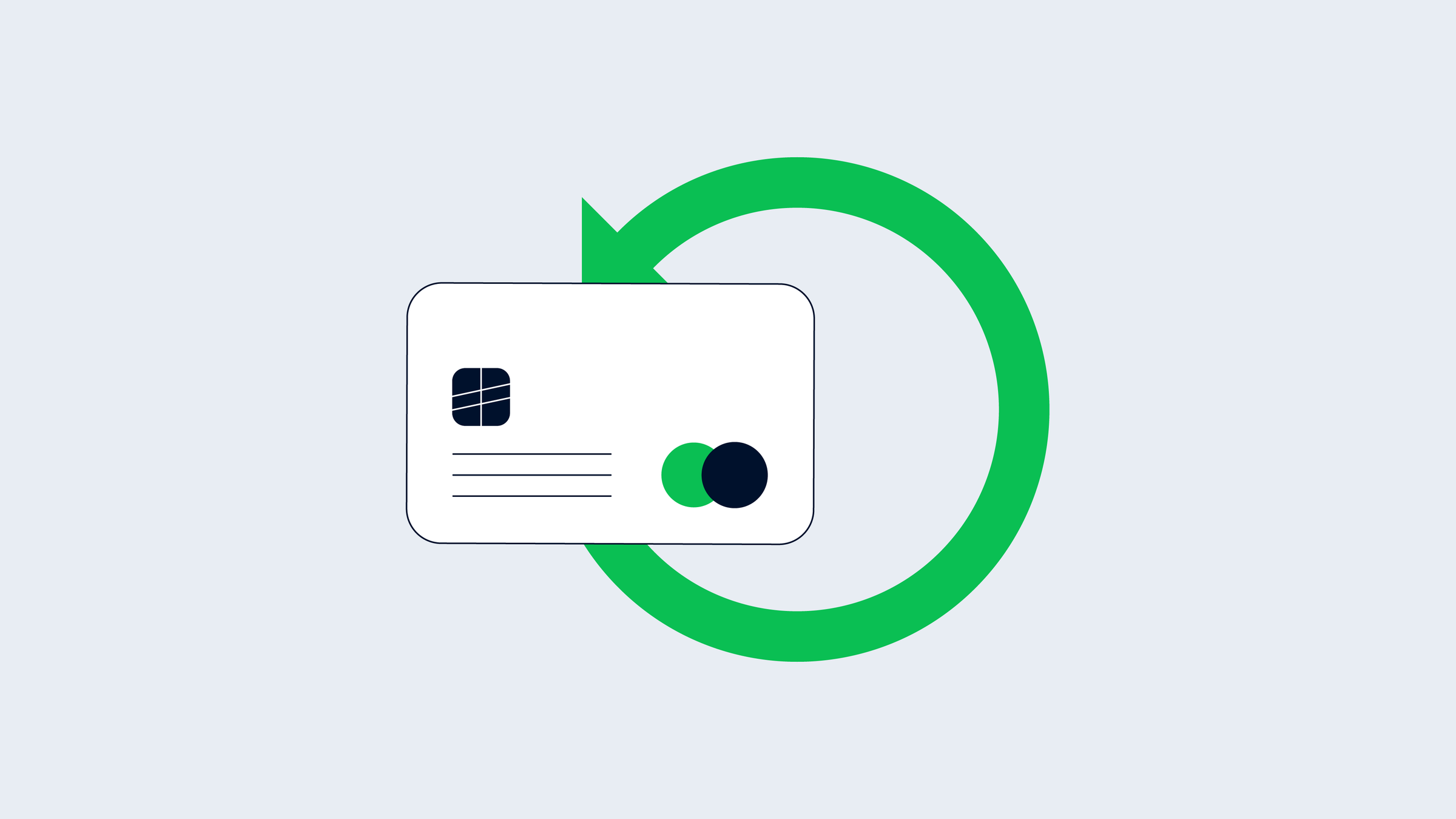 Cartão de crédito estilizado com uma seta verde circular indicando um ciclo de pagamento