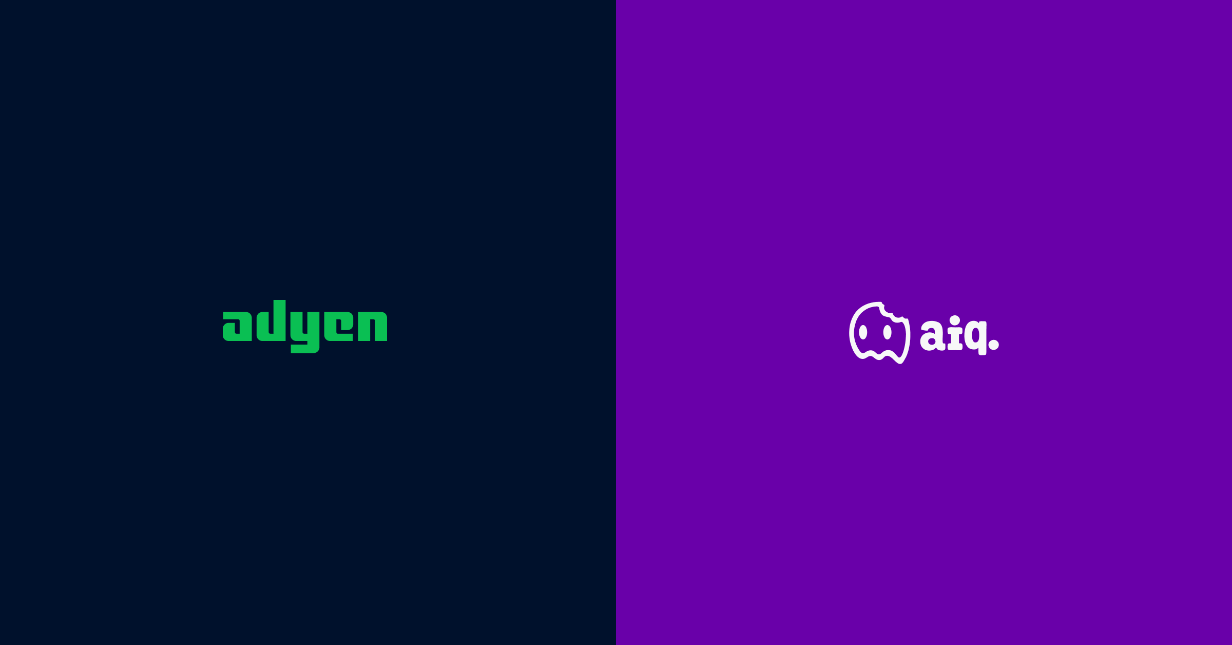 Imagem dividida com o logotipo da Adyen em fundo azul escuro e o logotipo da aiq em fundo roxo