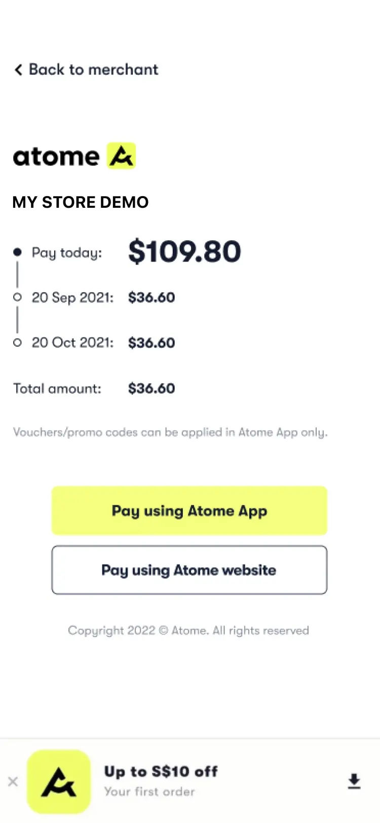 Payment screen showing installment plan options for MY STORE DEMO with a total of $109.80.