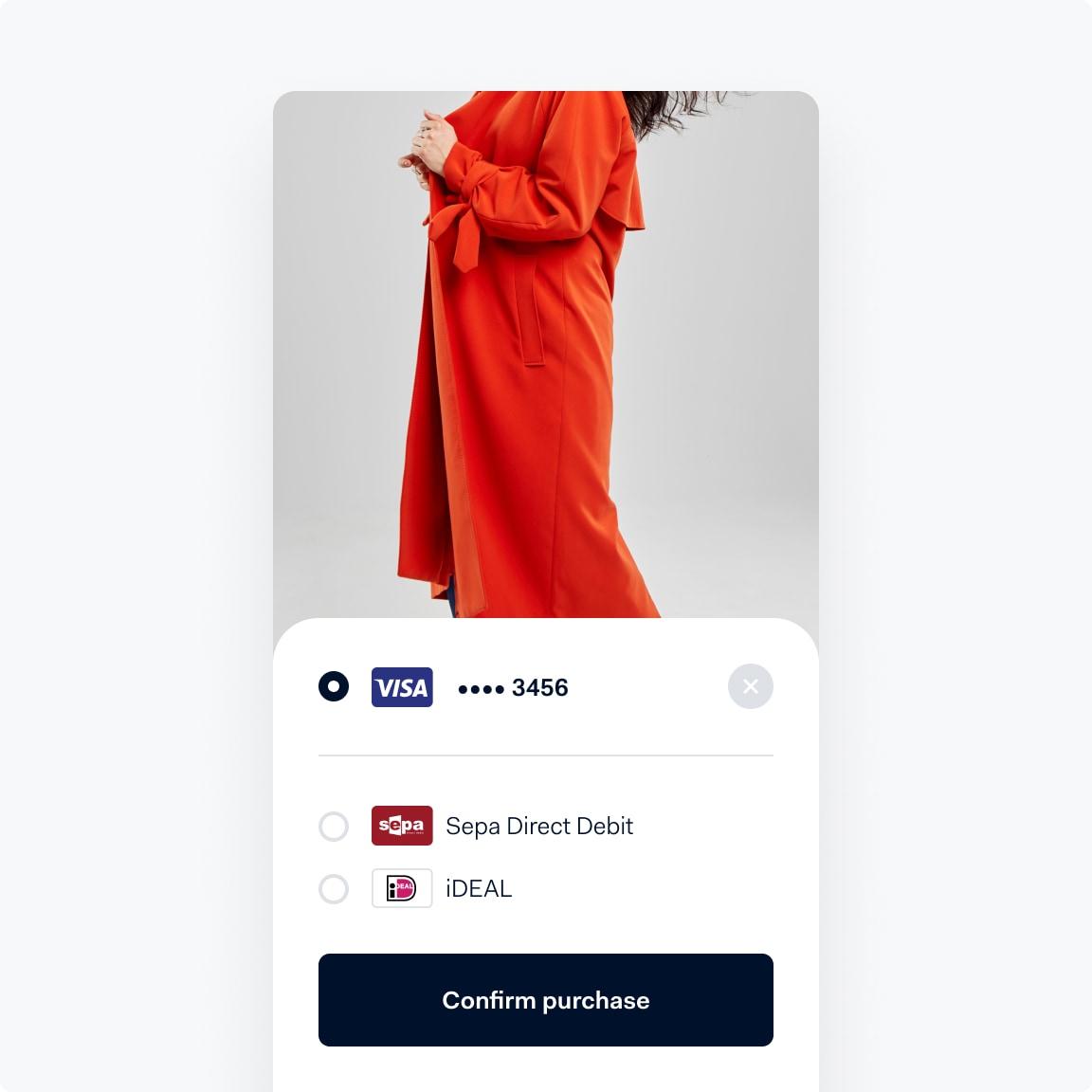 Person in orange dress holding hands, Adyen payment interface with card options visible.