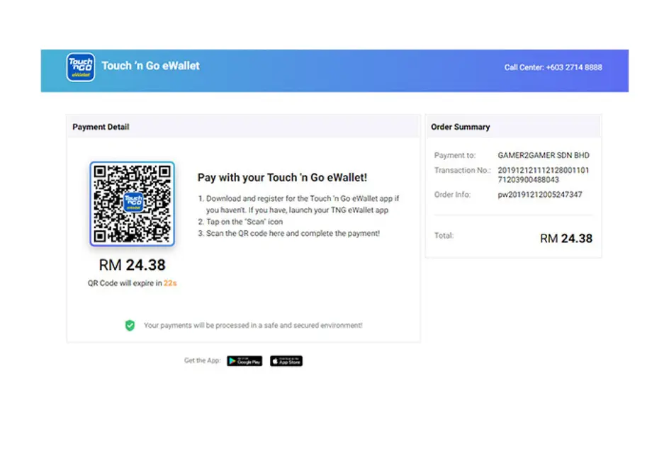 Touch 'n Go eWallet payment screen with QR code, payment instructions, and order summary.