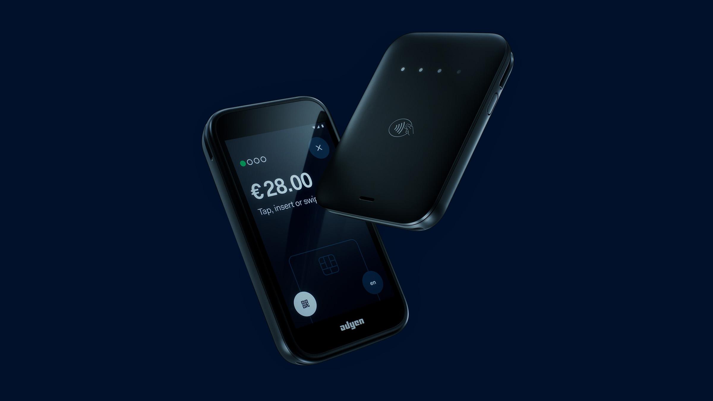 Two smartphones displaying a payment of 28 Euros on screen with Adyen interface.