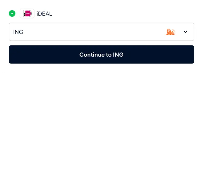 Adyen iDEAL payment method interface with ING bank selected and continue button.
