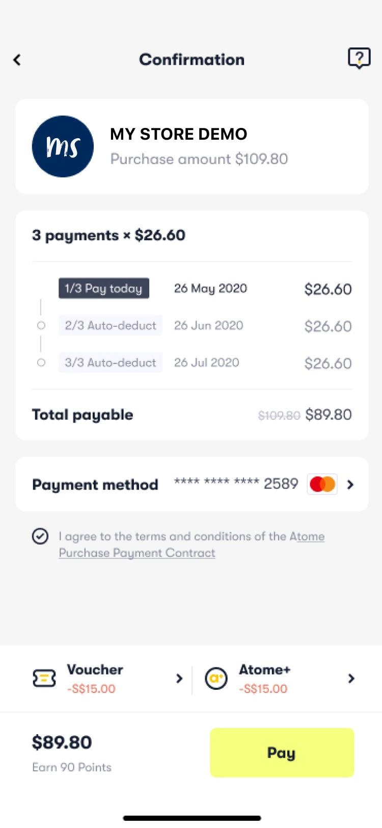 Payment confirmation screen showing installment options, discounts, and total payable amount.