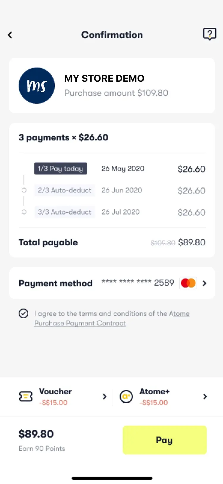 Payment confirmation screen showing installment options, discounts, and total payable amount.