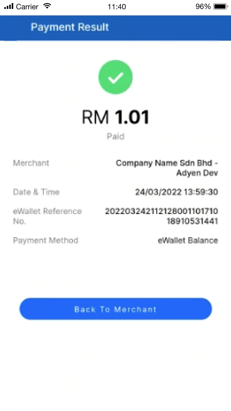 Successful eWallet payment result screen showing payment of RM 1.01.
