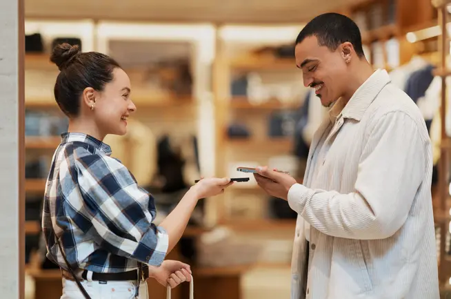 Two people in a store, payment transaction done through 2 phones 