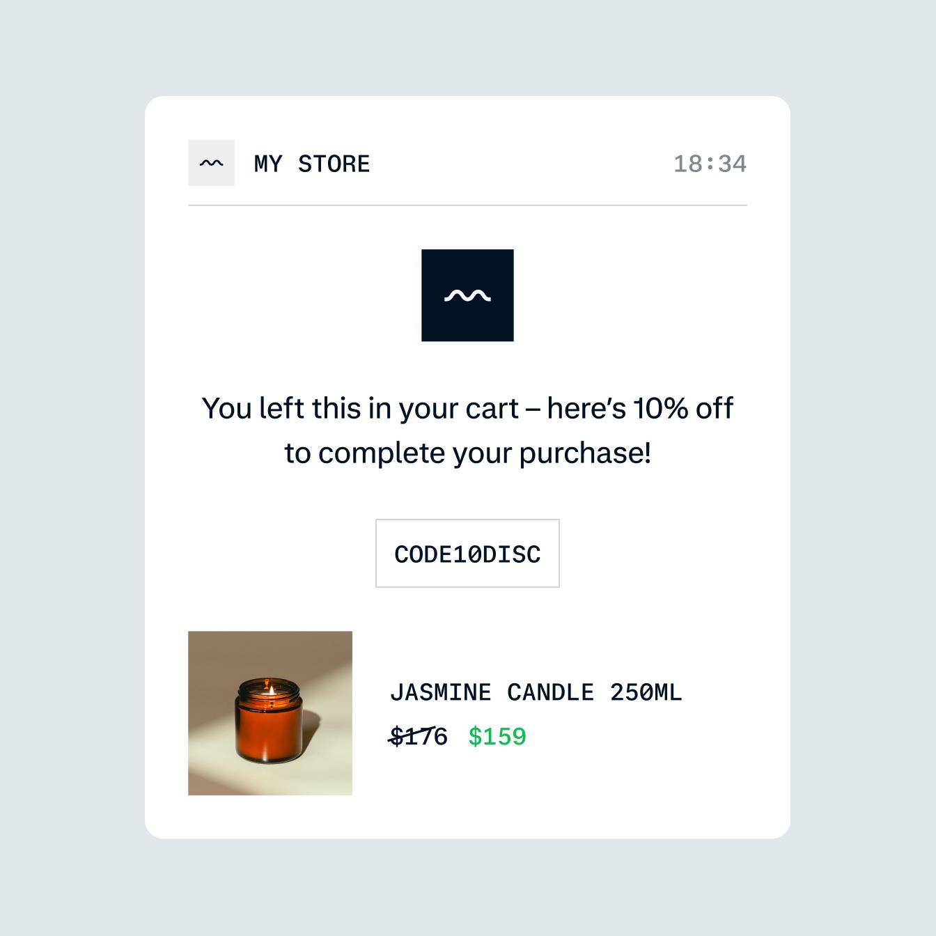 An abandoned cart pop up, encouraging the customer to complete the sale with a discount code.