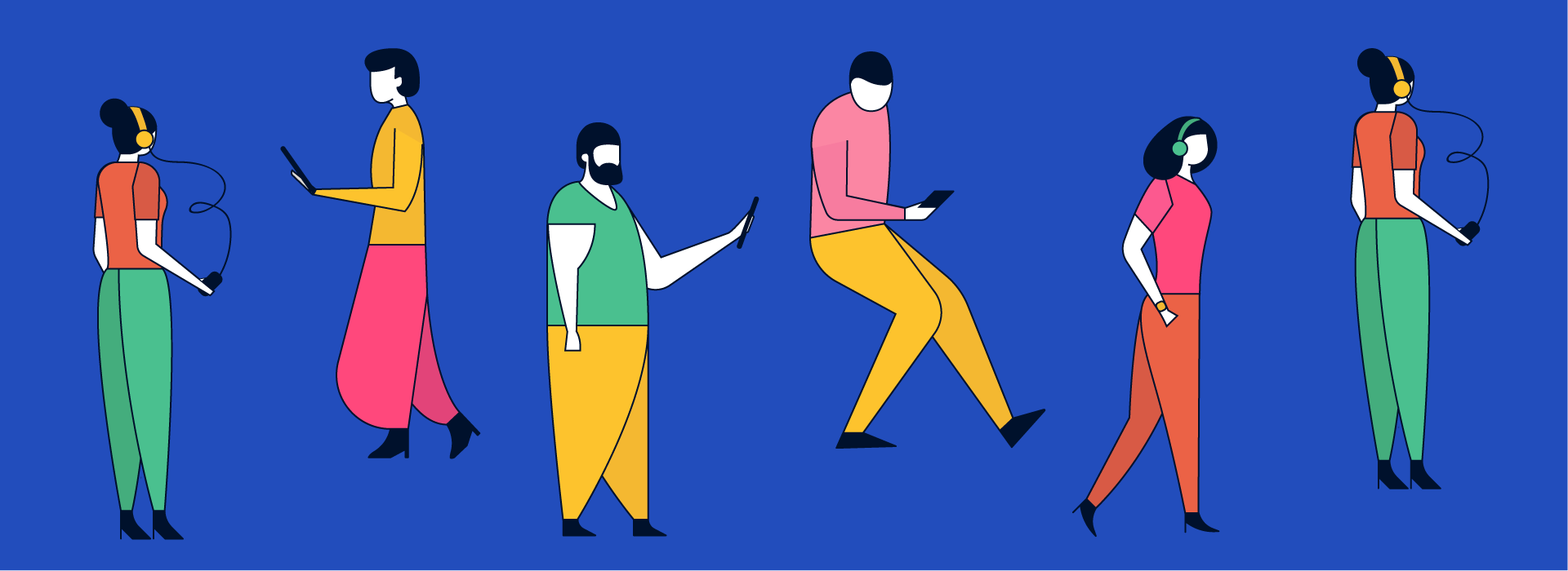 Ilustração estilizada de pessoas diversas caminhando e usando dispositivos móveis em um fundo azul.