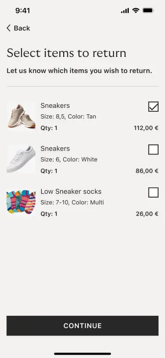 Mobile screen showing a return process for shoes and socks with sizes, colors, quantities, and prices.