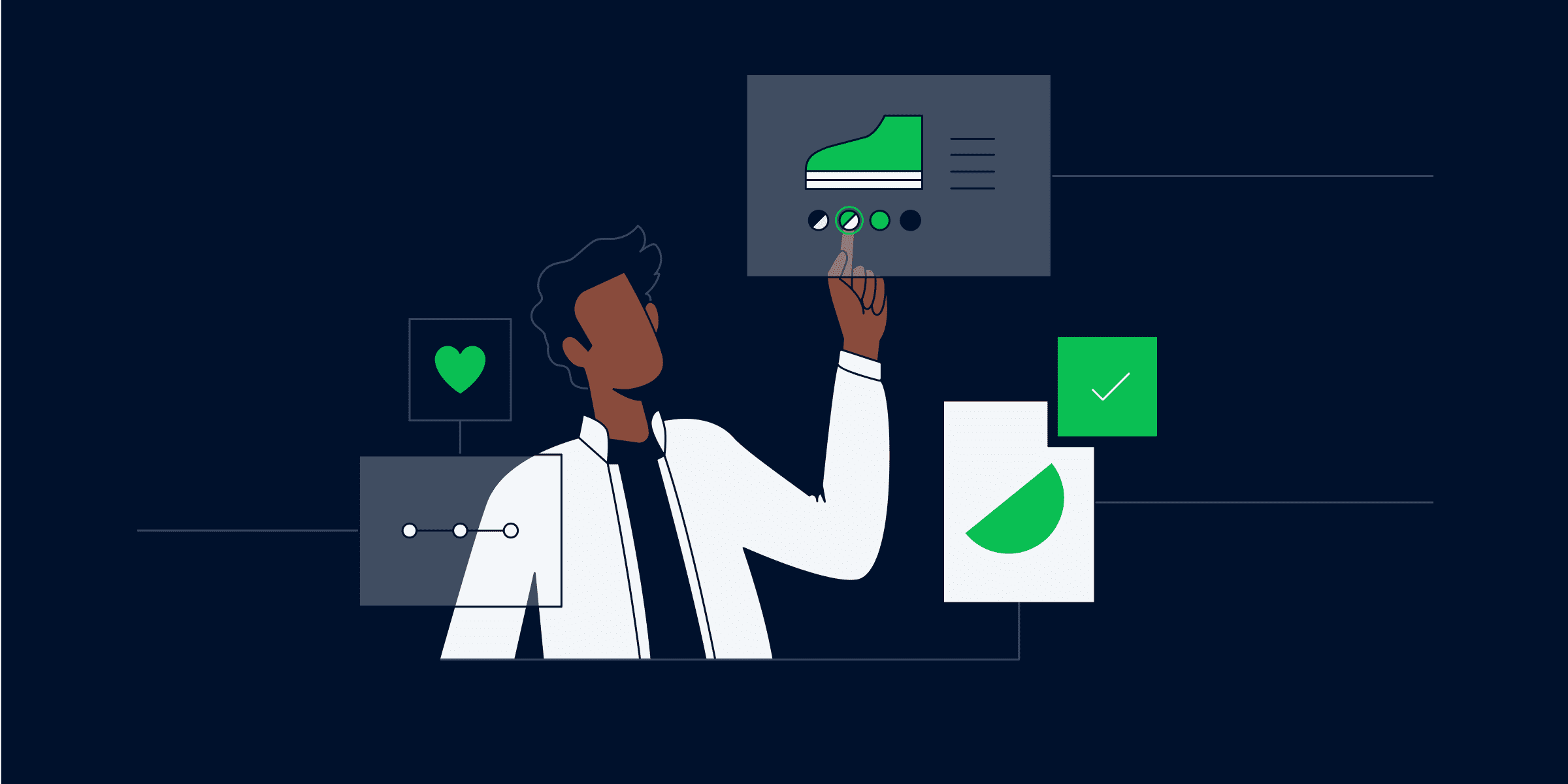 An illustrated person interacting with a touchscreen display showcasing product ratings and options.