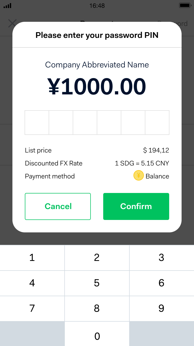 Mobile payment screen displaying transaction amount, list price, discounted FX rate, and a numeric keypad for entering a PIN.