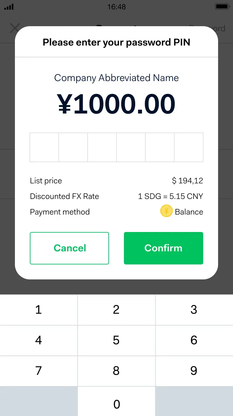 Mobile payment screen displaying transaction amount, list price, discounted FX rate, and a numeric keypad for entering a PIN.