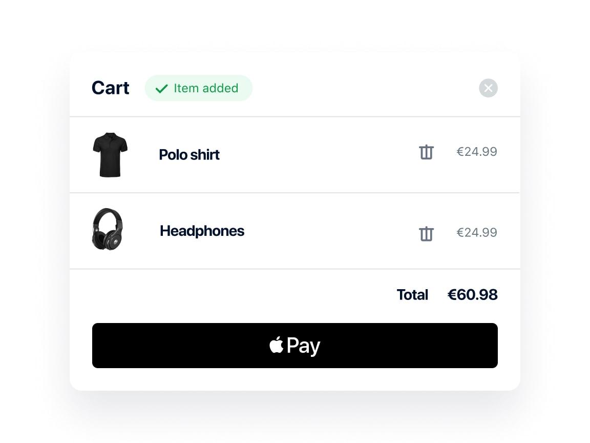 Carrello online con polo e cuffie, totale €60,98, con pulsante Apple Pay