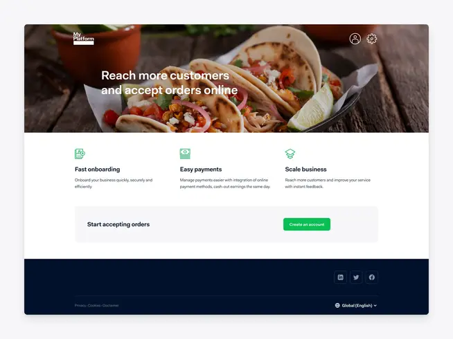 Website interface promoting online order acceptance featuring tacos, with fast onboarding, easy payments, and scalability.